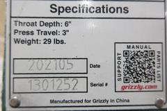 Grizzly T10049 Deep Throat Lever Press **New In Box** Throat Depth 6", Press Travel 3"