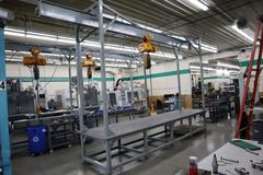 Overhead Hoist & Crane Specialists Heavy Duty Steel Mold Table with Overhead Hoist System, Harrington 2 Ton Electric Chain Hoist, I Beam, Trolley