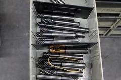 Multi-Drawer Cabinet (16) with Contents: Carbide End Mills, HSS Drills and More