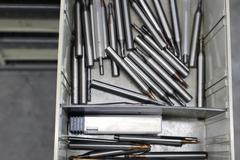 Multi-Drawer Cabinet (16) with Contents: Carbide End Mills, HSS Drills and More