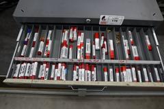Huot Drill Index - 3 Drawer with Contents: End Mills, Many Carbide, Mostly NEW