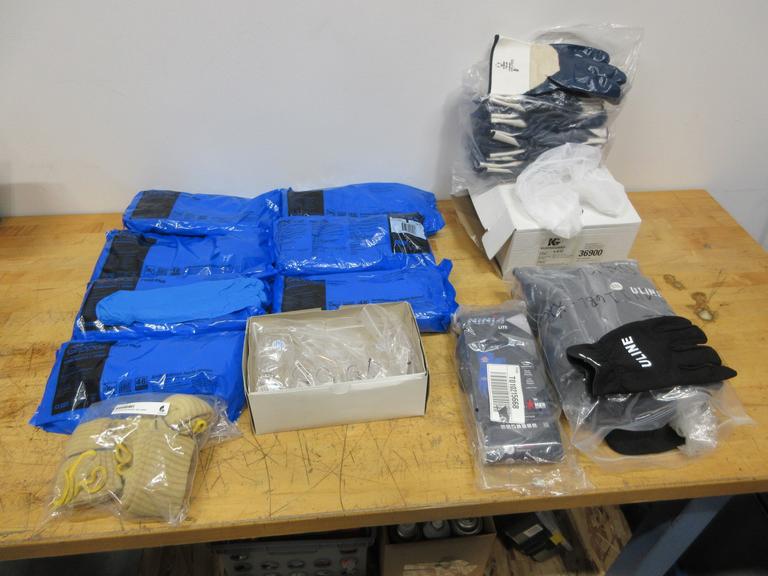 PPE Items, (7pks) Grippaz L Nitrile Gloves, Kevlar Work Sleeves, Assorted Work Gloves, Clean Room Caps, (6prs) +1.25 Safety Glassees