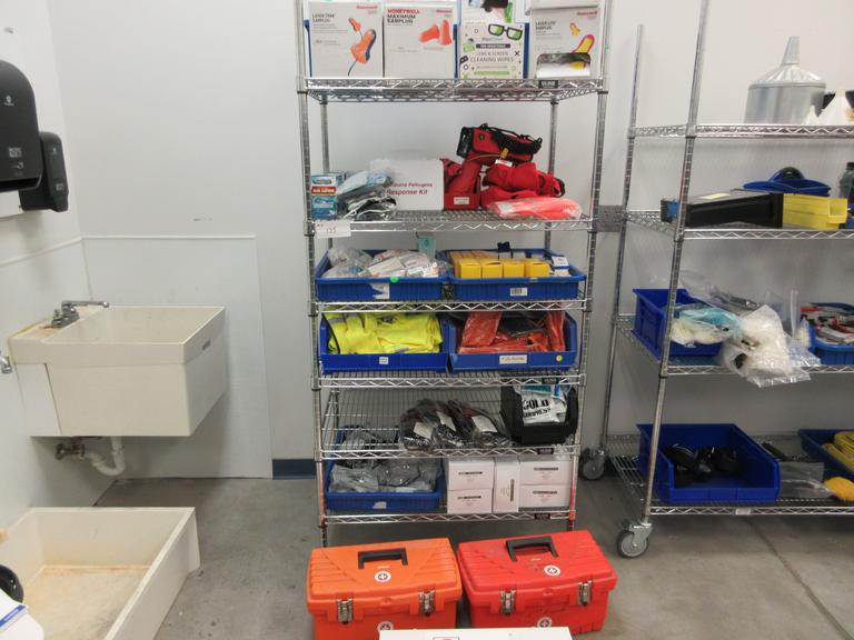 Safety and First Aid Supplies, Large Assortment on Uline 36" x 24" x 78" Metal Wire Rolling Cart