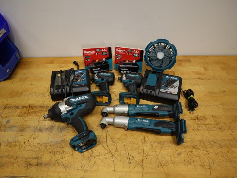 Makita 18V LXT 5-Tool Lot | XWT08 High-Torque Impact, (2) XLT01 Angle Impacts, (2) XDT13 Brushless Drivers, Fan,  New 5ah Batteries & Chargers