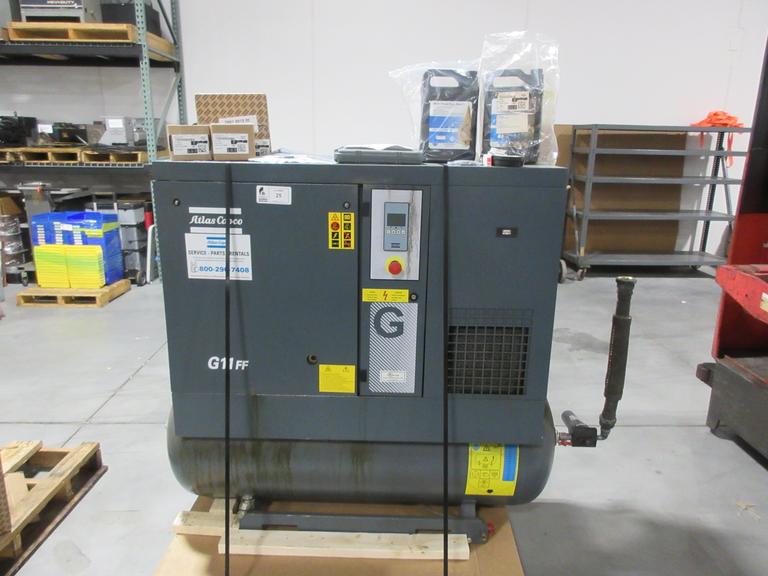 Atlas Copco G11FF 15Hp Rotary Screw Air Compressor W/ Dryer, 120 Gal Air Tank 125 PSI & Spare Parts