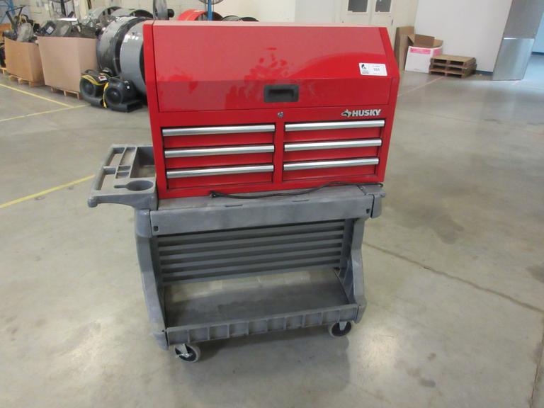 Husky 6-Drawer Top Tool Chest with Power Strip on Uline H-1495 Mobile Work Station with Contents
