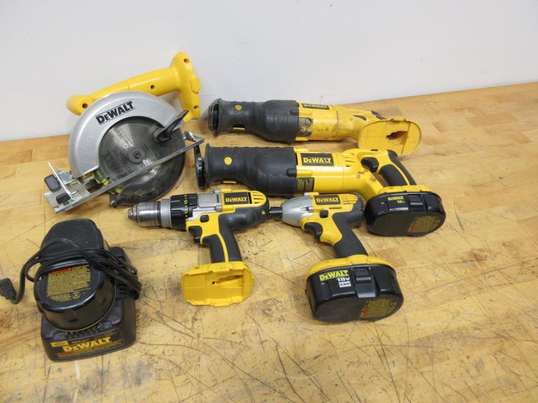 DeWALT 18V Cordless Power Tools - Circular Saw, Sawzall (2), 1/2" Drill, 1/4" Impact & Batteries w/ Charger