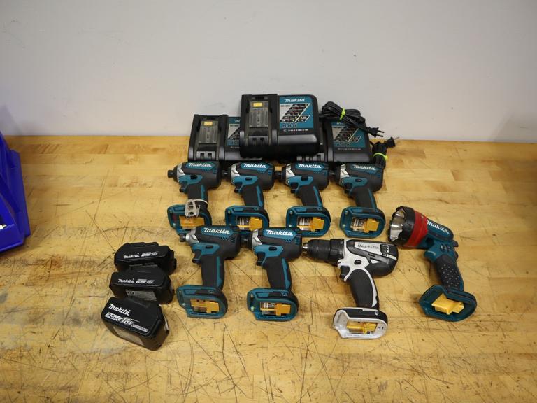 Makita XDT13 Brushless Impact Drivers (6), LXFD01 1/2" Drill(1) , and an 18V LED Flashlight w/ Batteries & Chargers