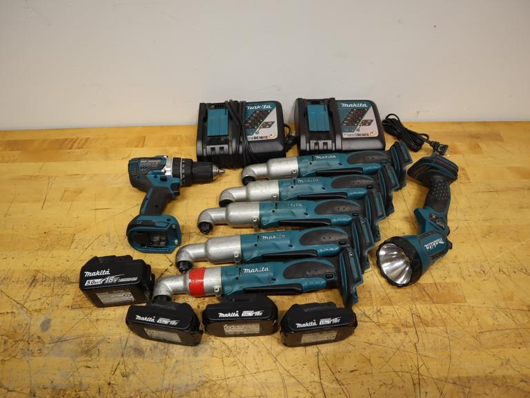 Makita 18V LXT 7-Tool Lot | XPH12 Brushless Hammer Drill, (5) XLT01 Angle Impacts & LED Flashlight w/ Batteries & Chargers