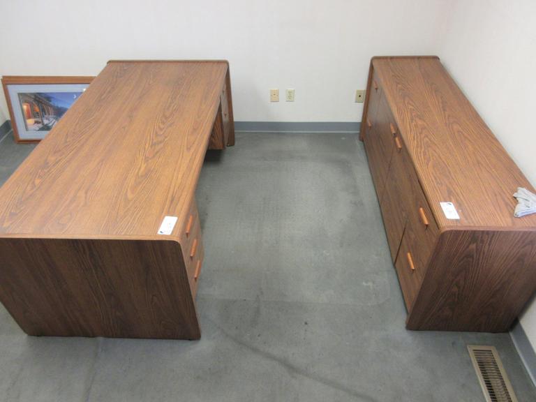 Wooden Office Main Desk and Credenza