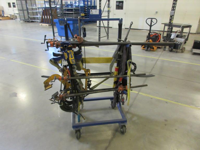 Rolling Cantilever Rack with Large Assortment of Clamps, Come-Along, Posi-Lock 210 Bearing Puller, Caldwell 76E 4800 LBS Batter Lifting Bar