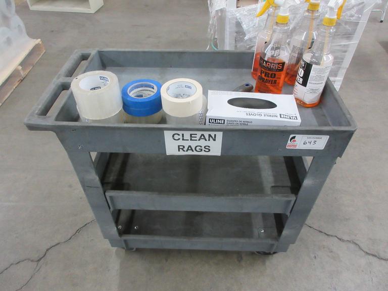 Plastic Shop Cart, 3 Shelves with Cleaning Supplies and Tape