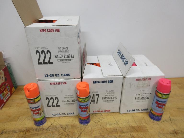 Aervoe Striping Paint in Aerosol Cans,  (24 cans) 222 Flo Orange 20oz, (12 cans) 247 Flo Orange Construction 20oz, (11 Cans) 249 Pink Construction 20oz.