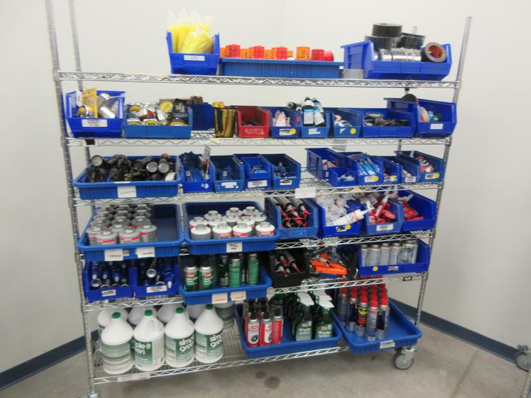 Shop Supplies, Including Batteries, Beacon Lights, Loctite, Zip Ties, Electrical Tape and MORE on Uline 6-Shel 72" x 18" x 78" Metal Wire Rolling Cart