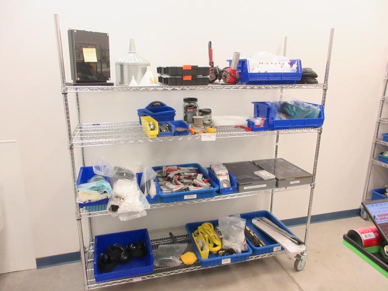 Shop Supplies including Hook Safety Latches, Zip Ties, Zip Tie Guns and MORE on 4-Shelf Uline 72" x 24" x 78" Metal Wire Rolling Cart