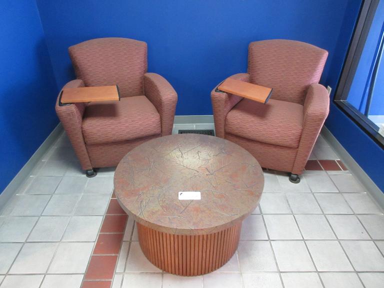 Lobby Cushioned Chairs with Folding Work Shelf (2pcs) and Round Side Table