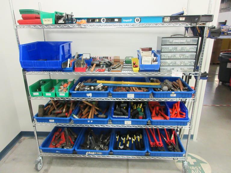 Hand Tools, Large Assortment Including Bolt Cutters, Clamps Tap and Dies, Bubble Levels, Hammers, Pipe Wrenches and More on Uline 5-Shelf 72" x 24" x 78" Metal Wire Rolling Cart