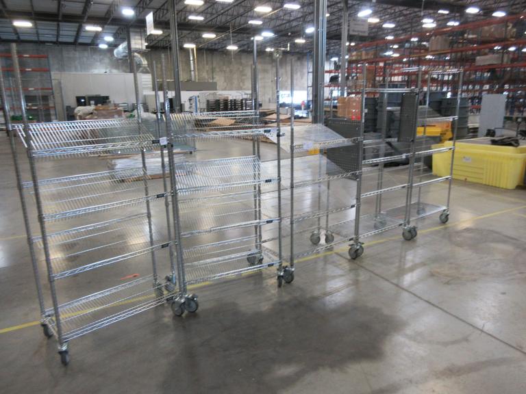 Uline Rolling Metal Wire Carts with Angled Shelves (5 total) (4) 36" x 18" x 78" High and (1) 36" x 24" x 78"