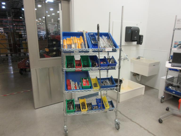 Drills, Large Assortment including, Hammer Drills, Reamers, Counter Sinks Taps On MORE on Uline 4-Shelf 36" x 24" x 78" Metal Wire Rolling Cart