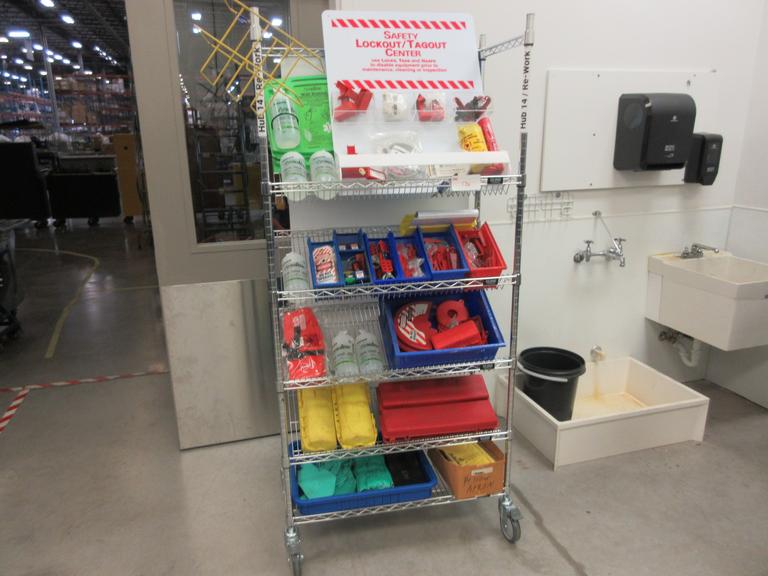 Safety Lockout/Tagout Center with Large Assortment of Supplies on 5-Shelf Uline 36" x 18" x 78" Metal Wire Rolling Cart