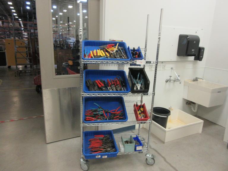 Hand Tools, Large Assortment including Tin Snips, Snap Ring Pliers, Wire Strippers, Banding Cutters and MORE on 4-Shelf Uline 36" x 18" x 78" Metal Wire Rolling Cart