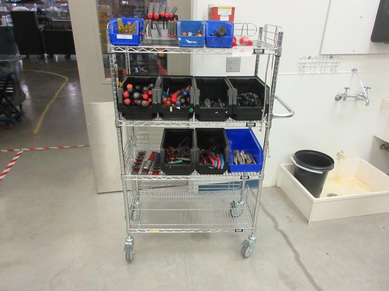Hand Tools, Large Assortment including Screw Drivers, Pliers, Channel Locks, Vise Grips and MORE on Uline 4-Shelf 36" x 18" x 60" Metal Wire Rolling Cart