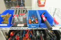 Hand Tools, Large Assortment including Screw Drivers, Pliers, Channel Locks, Vise Grips and MORE on Uline 4-Shelf 36" x 18" x 60" Metal Wire Rolling Cart