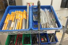 Drills, Large Assortment including, Hammer Drills, Reamers, Counter Sinks Taps On MORE on Uline 4-Shelf 36" x 24" x 78" Metal Wire Rolling Cart