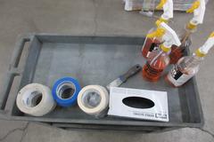Plastic Shop Cart, 3 Shelves with Cleaning Supplies and Tape