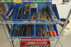 Hand Tools, Large Assortment including 3/4" Drive Socket Set, Pry Bars, Files, Punches and MORE on 4-Shelf Uline 36" x 24" x 78" Metal Wire Rolling Cart
