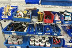 Shop Supplies, Including Batteries, Beacon Lights, Loctite, Zip Ties, Electrical Tape and MORE on Uline 6-Shel 72" x 18" x 78" Metal Wire Rolling Cart