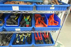 Hand Tools, Large Assortment Including Bolt Cutters, Clamps Tap and Dies, Bubble Levels, Hammers, Pipe Wrenches and More on Uline 5-Shelf 72" x 24" x 78" Metal Wire Rolling Cart