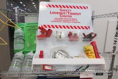 Safety Lockout/Tagout Center with Large Assortment of Supplies on 5-Shelf Uline 36" x 18" x 78" Metal Wire Rolling Cart
