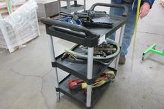 Rubbermaid Shop Cart, 3 Shelves with Dust Pans, Plumbing Fittings and More