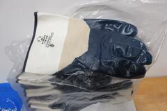 PPE Items, (7pks) Grippaz L Nitrile Gloves, Kevlar Work Sleeves, Assorted Work Gloves, Clean Room Caps, (6prs) +1.25 Safety Glassees