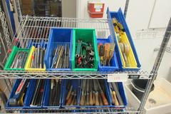 Hand Tools, Large Assortment including 3/4" Drive Socket Set, Pry Bars, Files, Punches and MORE on 4-Shelf Uline 36" x 24" x 78" Metal Wire Rolling Cart
