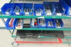 Perishable Tool, Large Assortment including Screw Gun Drill Tips, Taps, Drills, Sawzall Blades and MORE on 6-Shelf 60" x 18" x 78" Metal Wire Rolling Cart