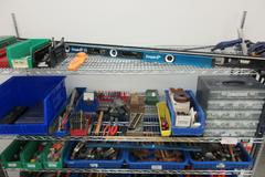 Hand Tools, Large Assortment Including Bolt Cutters, Clamps Tap and Dies, Bubble Levels, Hammers, Pipe Wrenches and More on Uline 5-Shelf 72" x 24" x 78" Metal Wire Rolling Cart