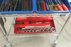 Hand Tools, Large Assortment including 3/4" Drive Socket Set, Pry Bars, Files, Punches and MORE on 4-Shelf Uline 36" x 24" x 78" Metal Wire Rolling Cart
