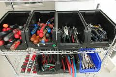 Hand Tools, Large Assortment including Screw Drivers, Pliers, Channel Locks, Vise Grips and MORE on Uline 4-Shelf 36" x 18" x 60" Metal Wire Rolling Cart