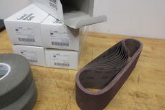 3M 4"x36"x80 Grit Sanding Belts (5 Boxes, 10 Belts Per Box),  (2) Scotch-Brite Finishing Wheels 8"x2"x3" Super Fine