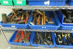 Hand Tools, Large Assortment Including Bolt Cutters, Clamps Tap and Dies, Bubble Levels, Hammers, Pipe Wrenches and More on Uline 5-Shelf 72" x 24" x 78" Metal Wire Rolling Cart