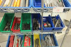Drills, Large Assortment including, Hammer Drills, Reamers, Counter Sinks Taps On MORE on Uline 4-Shelf 36" x 24" x 78" Metal Wire Rolling Cart