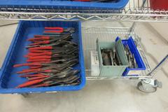 Hand Tools, Large Assortment including Tin Snips, Snap Ring Pliers, Wire Strippers, Banding Cutters and MORE on 4-Shelf Uline 36" x 18" x 78" Metal Wire Rolling Cart