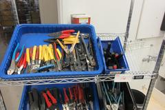 Hand Tools, Large Assortment including Tin Snips, Snap Ring Pliers, Wire Strippers, Banding Cutters and MORE on 4-Shelf Uline 36" x 18" x 78" Metal Wire Rolling Cart