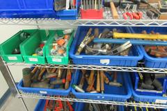 Hand Tools, Large Assortment Including Bolt Cutters, Clamps Tap and Dies, Bubble Levels, Hammers, Pipe Wrenches and More on Uline 5-Shelf 72" x 24" x 78" Metal Wire Rolling Cart