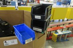 Plastic Bins, Dozens of Assorted Uline and Other Bins in 2/3 Full Gaylord