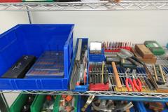 Hand Tools, Large Assortment Including Bolt Cutters, Clamps Tap and Dies, Bubble Levels, Hammers, Pipe Wrenches and More on Uline 5-Shelf 72" x 24" x 78" Metal Wire Rolling Cart