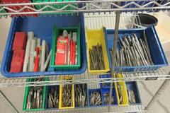 Drills, Large Assortment including, Hammer Drills, Reamers, Counter Sinks Taps On MORE on Uline 4-Shelf 36" x 24" x 78" Metal Wire Rolling Cart