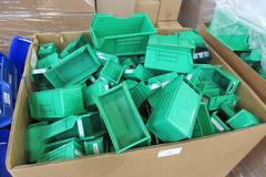 Plastic Bins, Large Assortment of Small, Medium and Large in 48" x 36" x 32" Gaylord Box